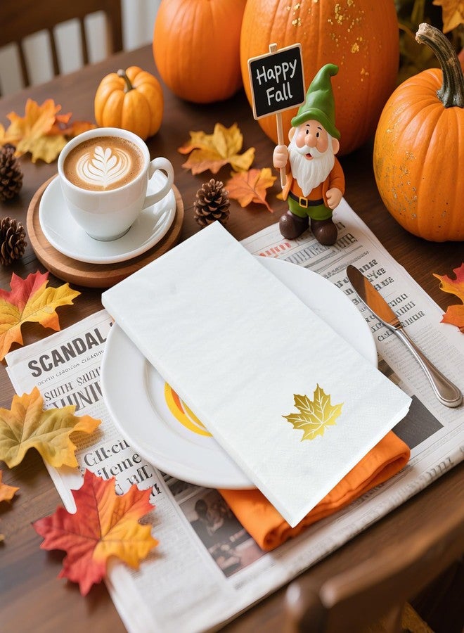 ARQRHTLY Fall Maple Guest Napkins, 50 Pcs Gold Foil Cocktail Paper Napkins Disposable Luncheon Dinner Hand Towels for Autumn Harvest Thanksgiving Party Home Kitchen Bathroom Decor, 4.3 x 7.8 Inch - Image 2